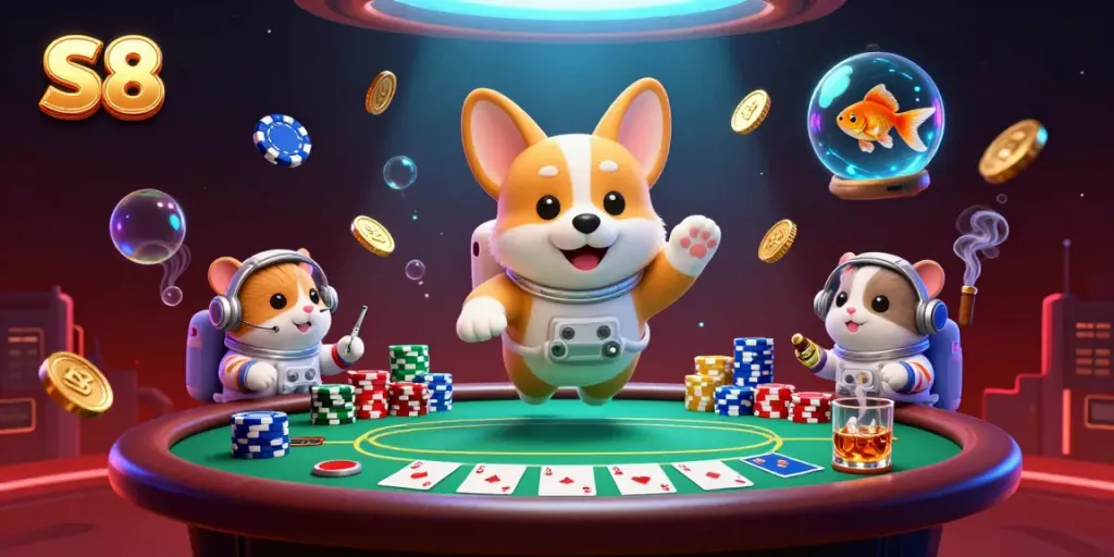 Experience dynamic action at S8 with a corgi astronaut in a floating casino scene, chips and gold coins drifting.