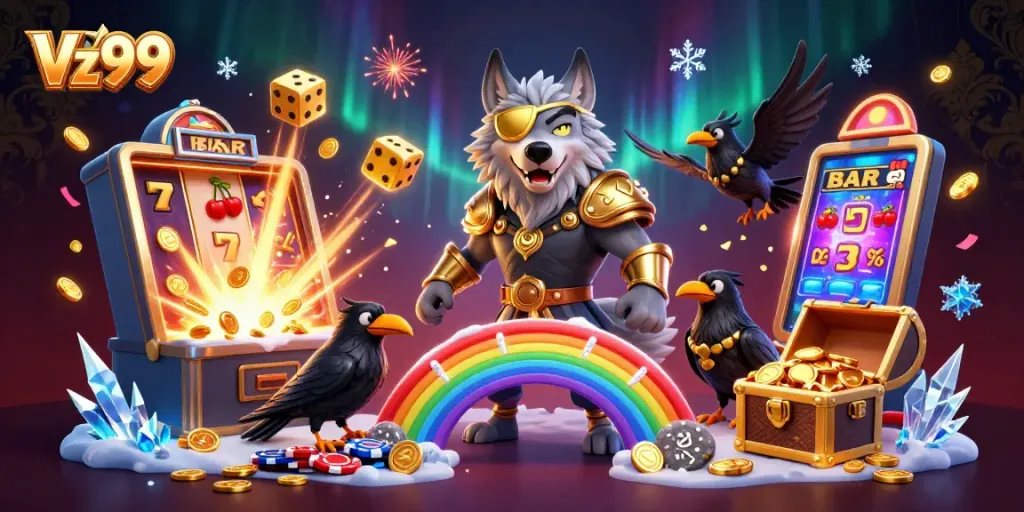 Experience the thrill of Vz99 with dynamic symbols and golden figures in an immersive casino scene.