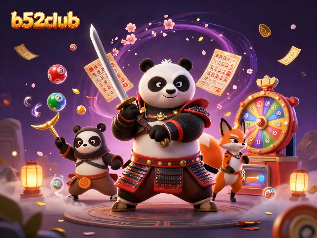 Experience b52clubb gaming excitement with vibrant illustrated scene of dynamic lottery elements.