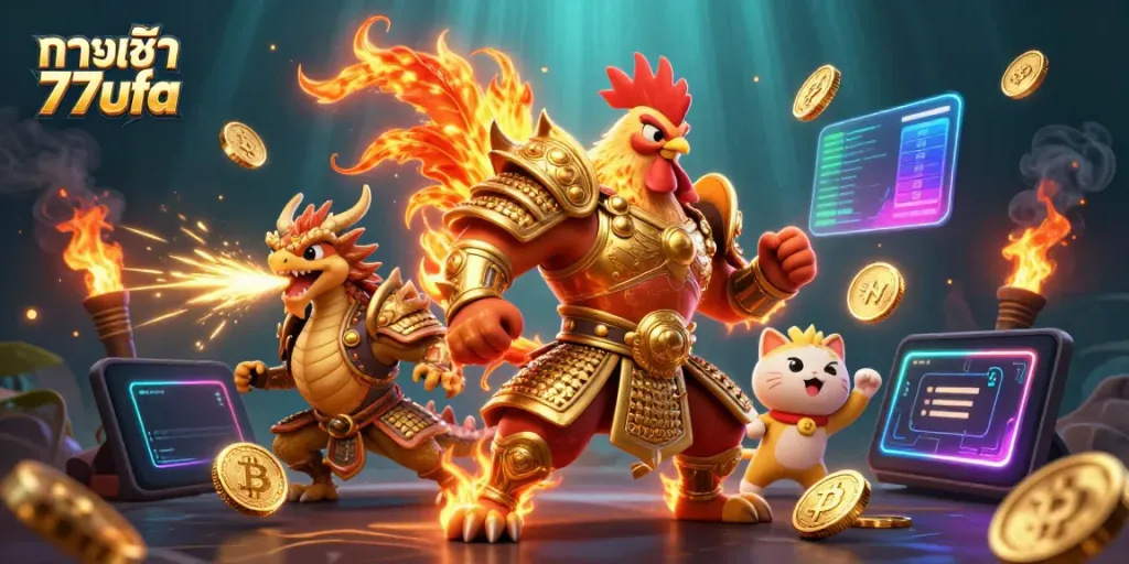 Engage in exciting gaming with ทางเข้า 77ufa featuring vibrant characters and dynamic digital elements.