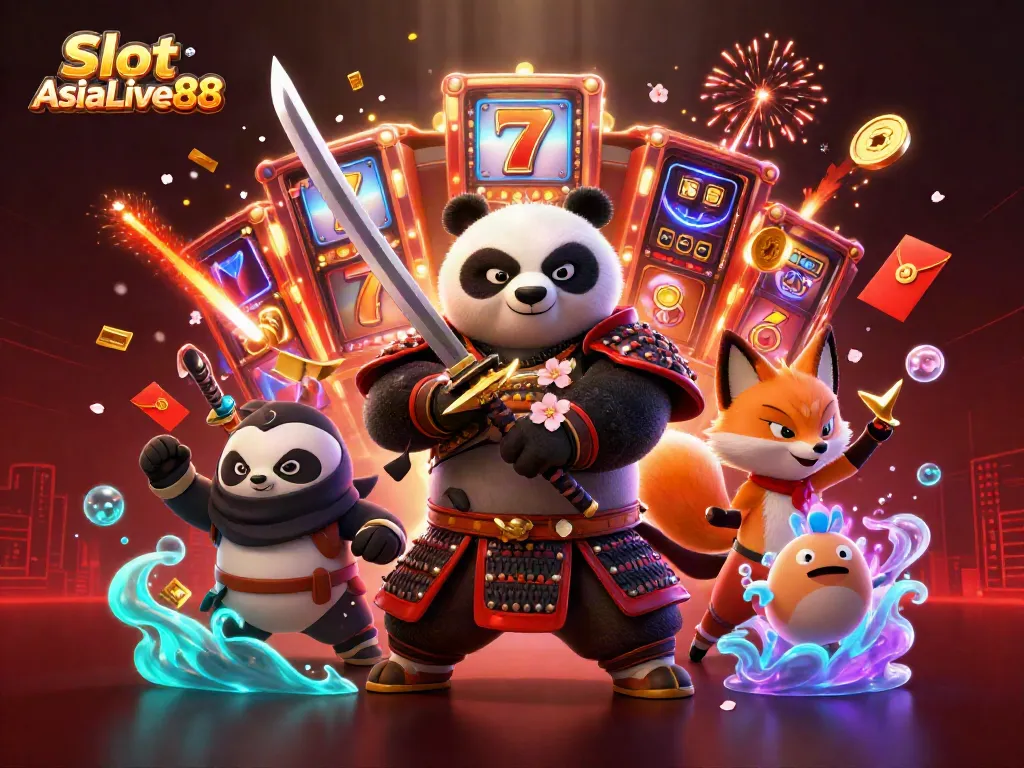 Experience thrilling gameplay with Slot AsiaLive88's vibrant characters and slot reels in this dynamic illustration.
