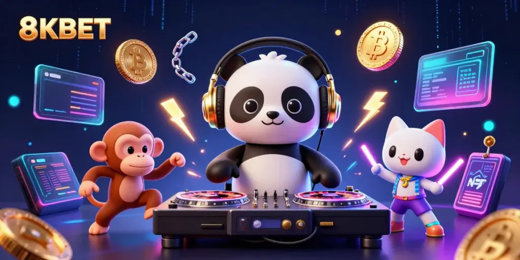 Engage with 8KBET's vibrant casino scene featuring a DJ panda and lively characters.