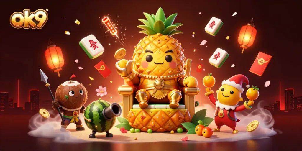 Engage in thrilling ok9 gaming with a golden pineapple king and vibrant casino elements.