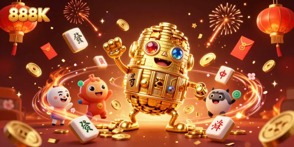 Spin the wheel of fortune with 888K's vibrant 3D casino illustration featuring a golden golem.