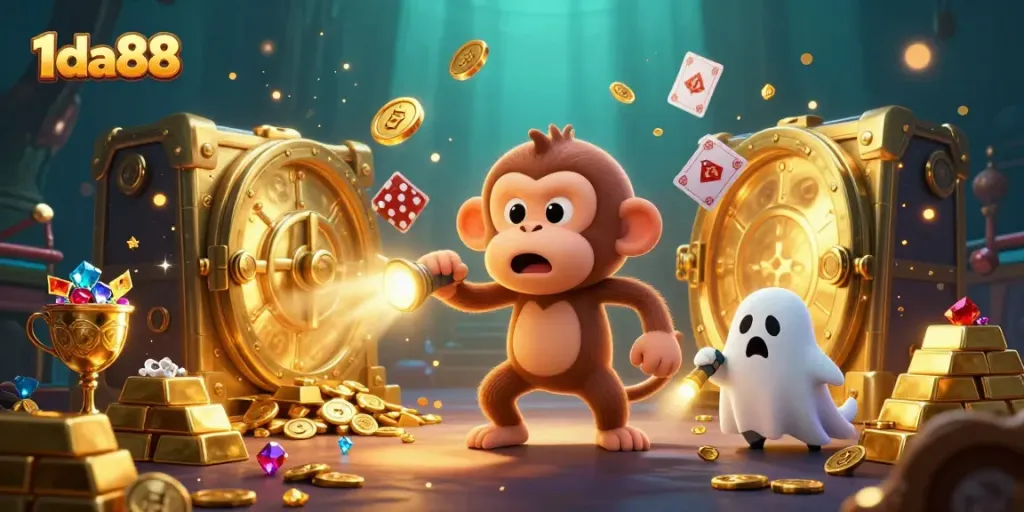 Experience the captivating world of 1da88 with a poltergeist monkey and puppy chasing treasures in a haunted casino.