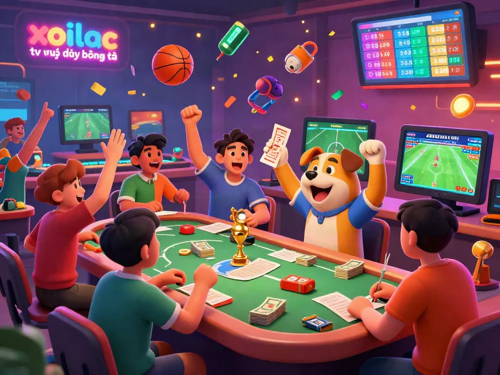 Xoilac tv trực tiếp bóng đá showcases an energetic sports betting hall with excited fans and winning tickets.