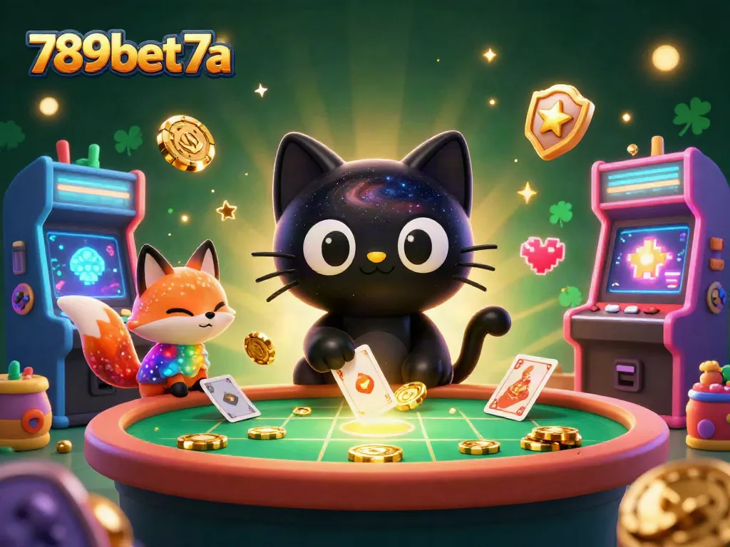Engaging 789bet7a online gambling scene with a cosmic cat and colorful fox amidst a vibrant casino atmosphere.