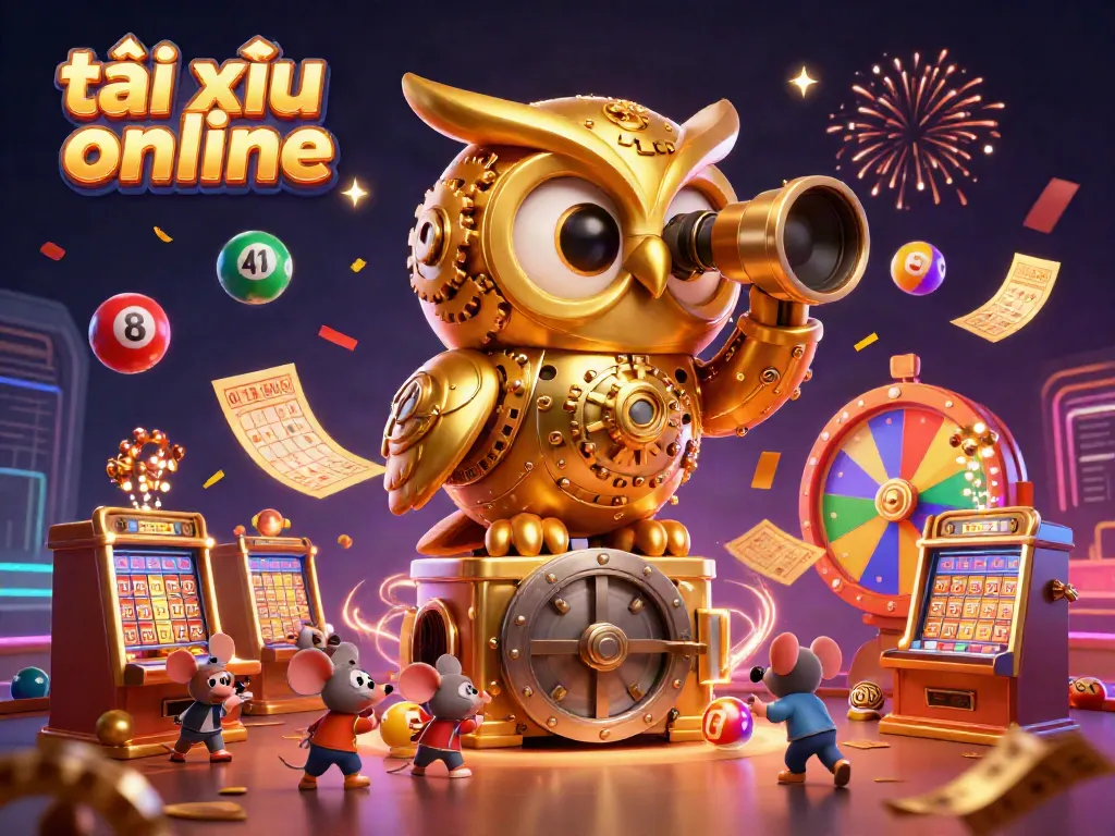 Experience the excitement of tài xỉu online with a cinematic 3D scene filled with vibrant casino elements.