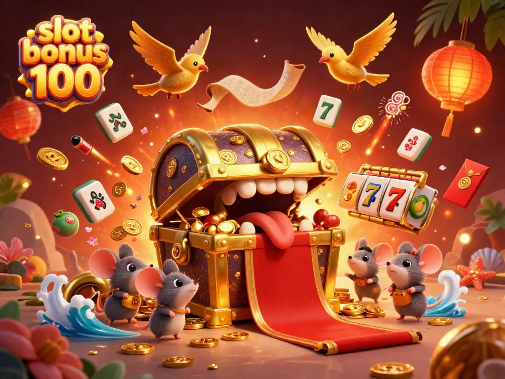 Capture slot bonus 100 excitement with this vibrant casino-themed 3D illustration showcasing energetic characters and game elements.