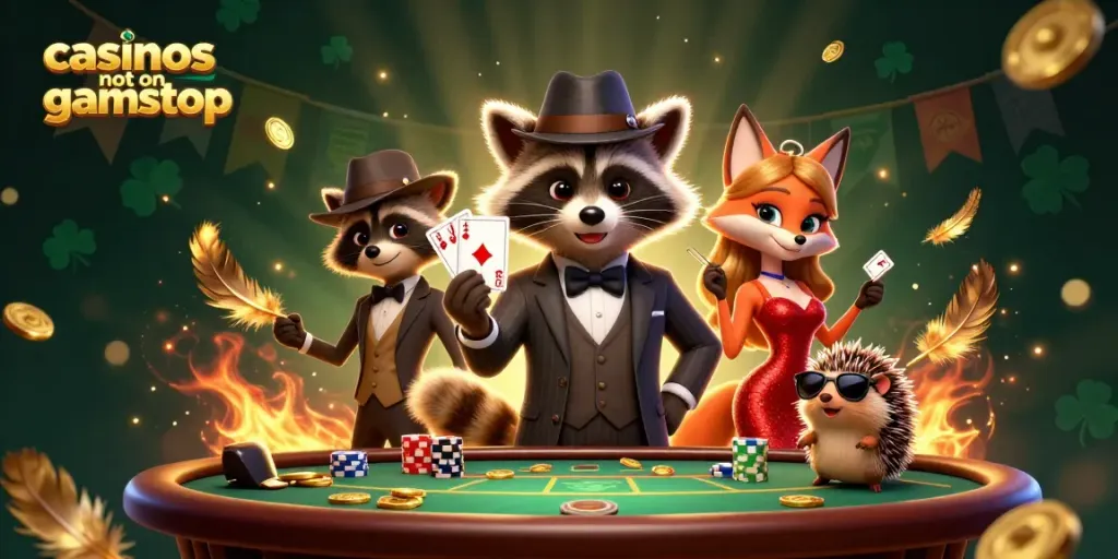 Engaging illustration of casinos not on gamstop, featuring a stylish raccoon and fox at a poker table.