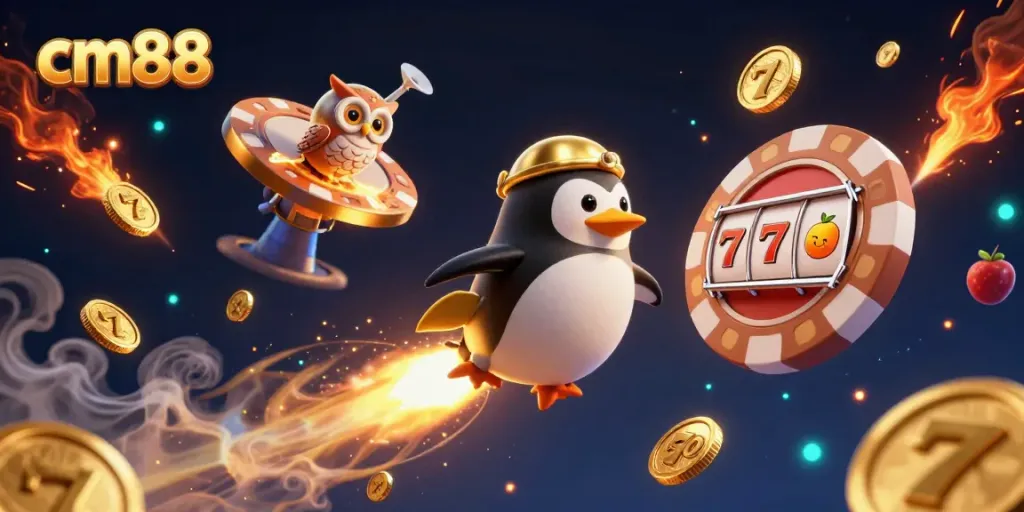 Experience thrilling gaming with cm88 in this vibrant 3D illustration featuring a golden penguin and slot machines.