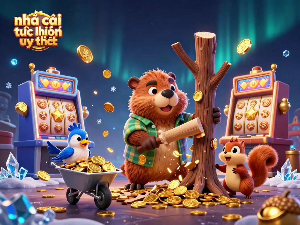 Engage with nhà cái trực tuyến uy tín as a beaver collects golden coins raining from a tree in a vibrant casino scene.