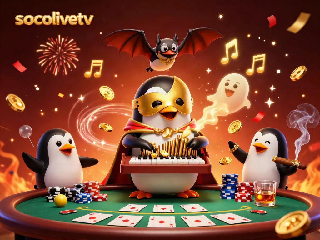 Socolivetv captures a magical moment with a phantom penguin playing a golden organ, surrounded by casino elements.