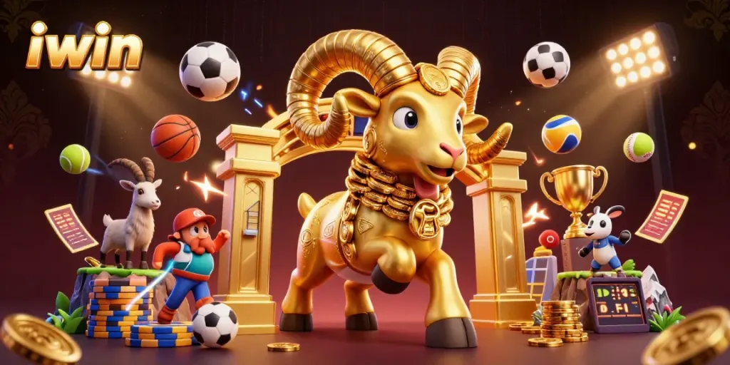 Engage with iwin's energetic 3D casino scene featuring a golden ram surrounded by dynamic sports elements.