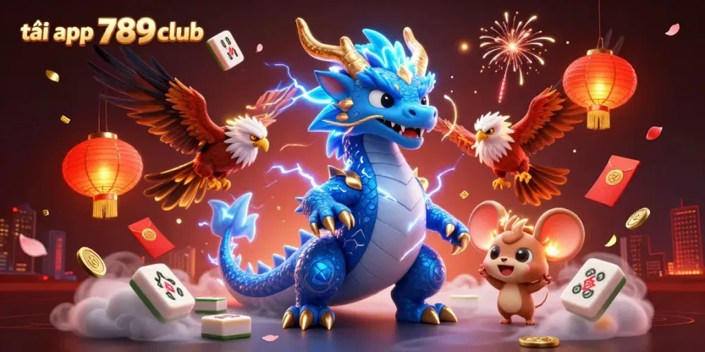 Experience excitement with tải app 789club illustrated by a dragon, hawk, and thunder mouse amidst vibrant gaming elements.