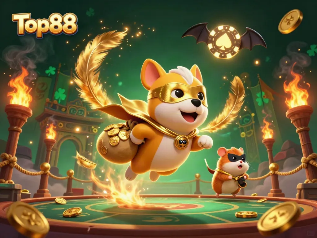 Engage in thrilling gaming with Top88 as a superhero dog flies over a dynamic casino scene.