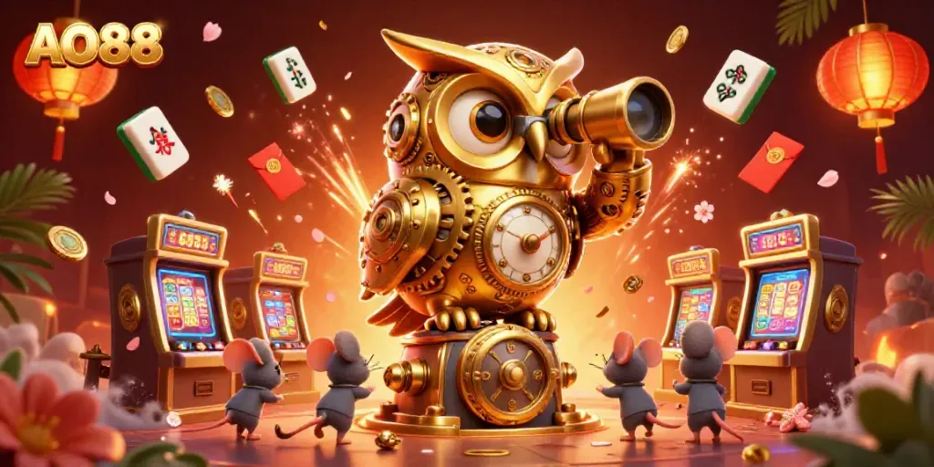 Experience the thrill of AO88 with illustrated strategic gameplay and animated casino elements.