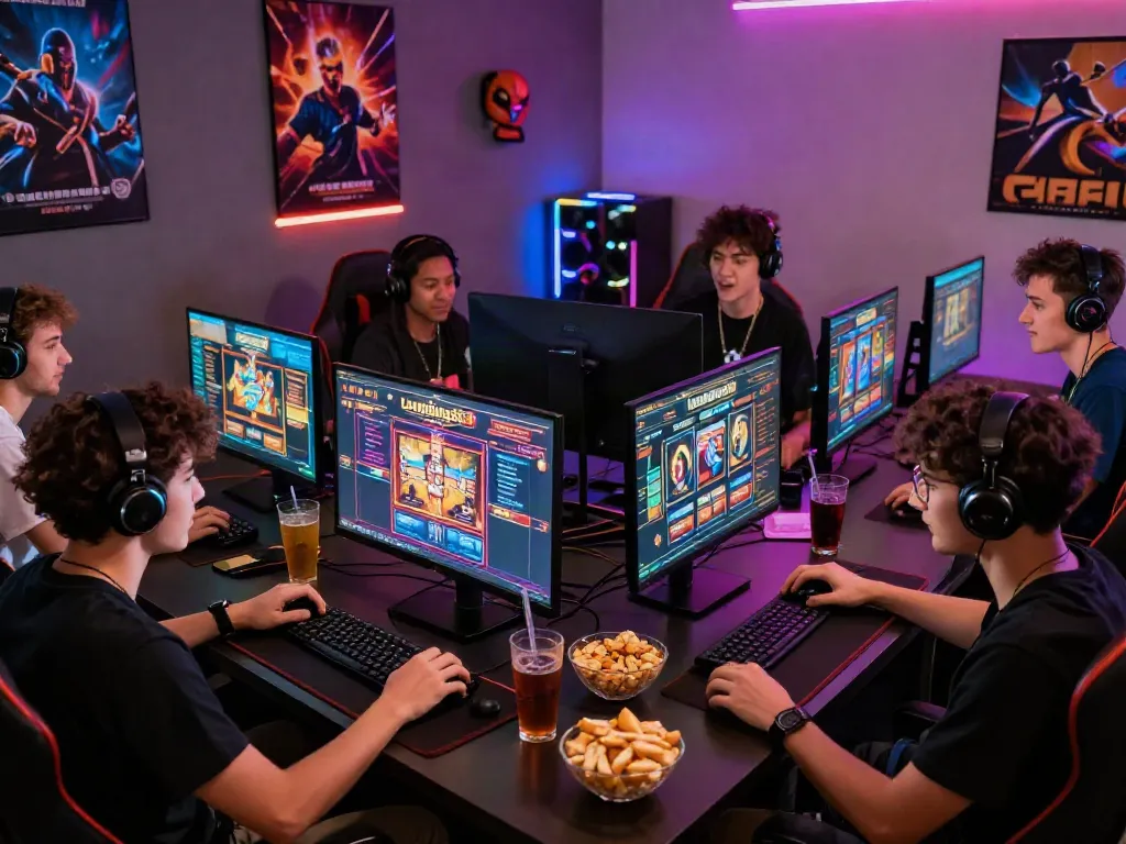 Friends enjoying a lively gaming session on the lumbung88 online platform with vibrant atmosphere and snacks.