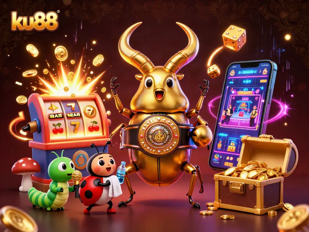 ku88 showcases thrilling action with vibrant characters and a jackpot scene, emphasizing immersive gaming.