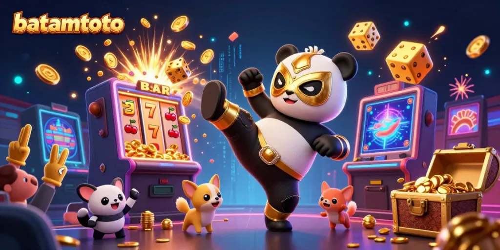 Engage with batamtoto in this vibrant illustration depicting animated casino excitement with a panda wrestler.