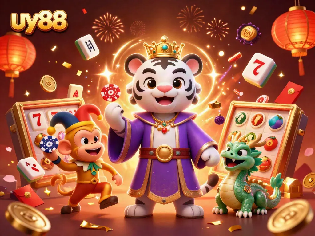 Elevate your casino experience with uy88's animated tiger and playful monkey amidst vibrant slot symbols.
