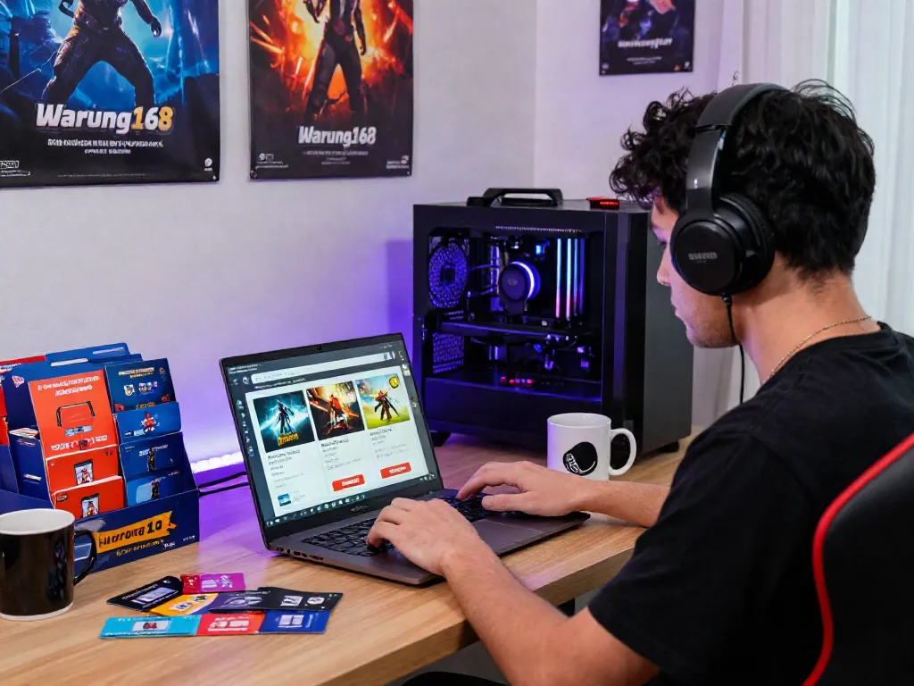 Explore Warung168's vibrant digital marketplace featuring game vouchers and exciting merchandise in an engaging gaming room.