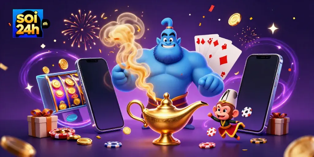 Experience the magic of soi cầu 24h with a genie, monkey, and vibrant casino elements in this colorful illustration.