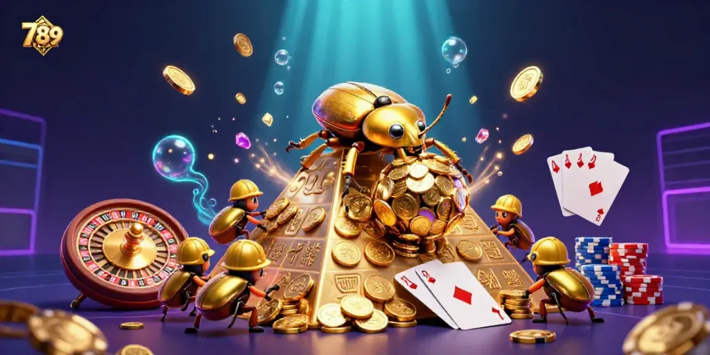 Experience the excitement of gaming with 789CLUB as a golden beetle rolls coins and casino symbols.