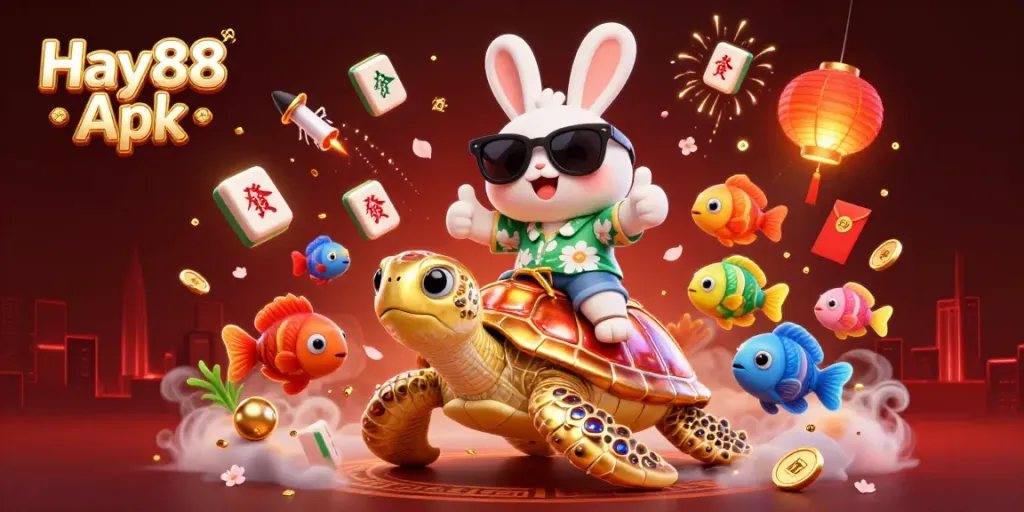 Experience thrilling gameplay with Hay88 Apk showcased by a lucky rabbit and sea turtle in a vibrant casino scene.