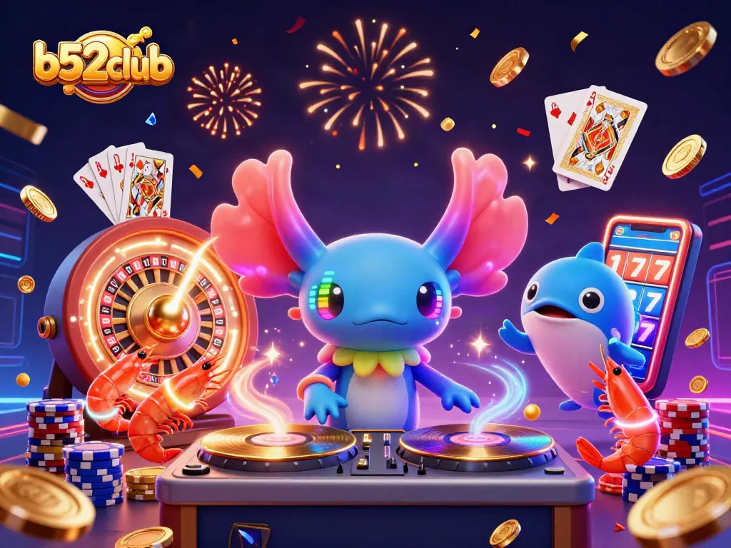 Experience the excitement of b52club with lively casino elements and vibrant characters dancing to the beat.
