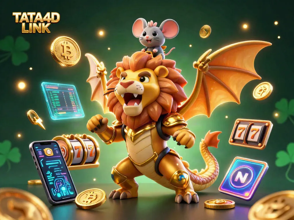 TATA4D LINK showcases an animated casino scene with vibrant slot elements and cryptocurrency icons, fueling excitement in gaming.
