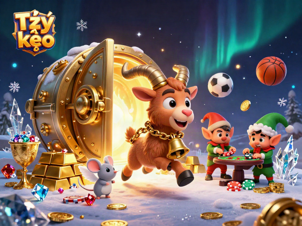 Betting on Tỷ lệ kèo as a Krampus goat leads a chaotic sports casino scene amid playful characters.