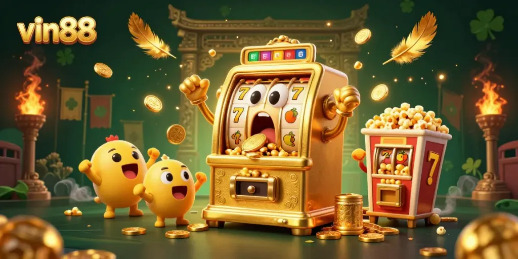 Spin and win with vin88 in this vibrant illustration of a joyful golden slot machine showering coins.
