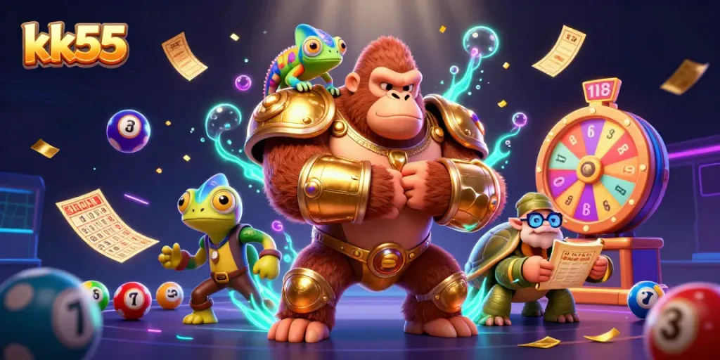 Experience the thrill of kk55 with a vivid 3D scene featuring dynamic lottery elements and colorful characters.