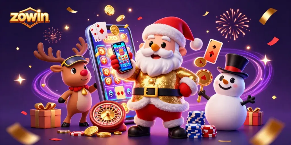 Zowin showcases exciting jackpots with Santa, his reindeer, and a poker chip snowman in a festive casino.