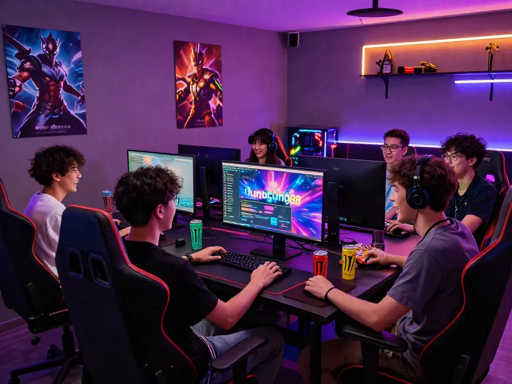 Group enjoying gaming session on lumbung88 platform with vibrant decor and snacks