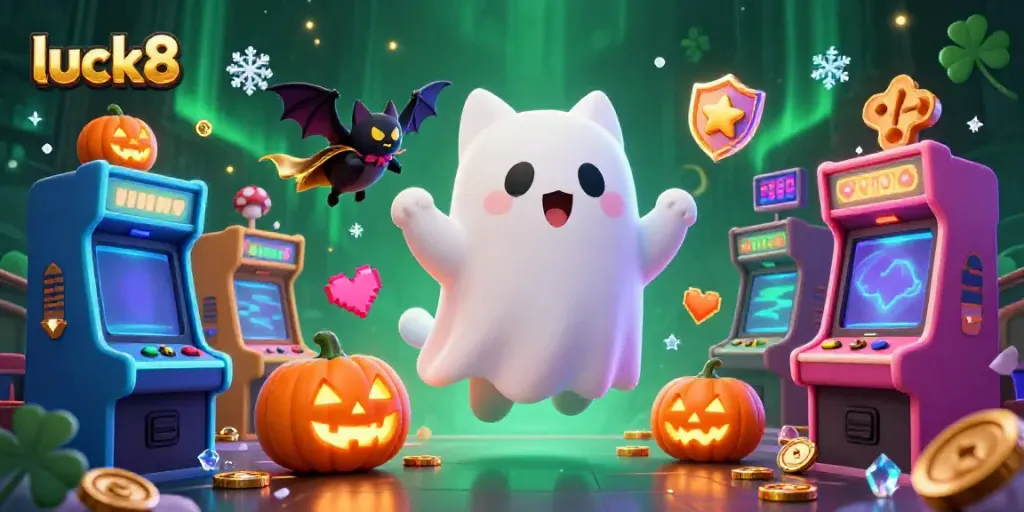 Experience winning moments at luck8 with a friendly ghost cat and a vampire bat in a haunted casino scene.