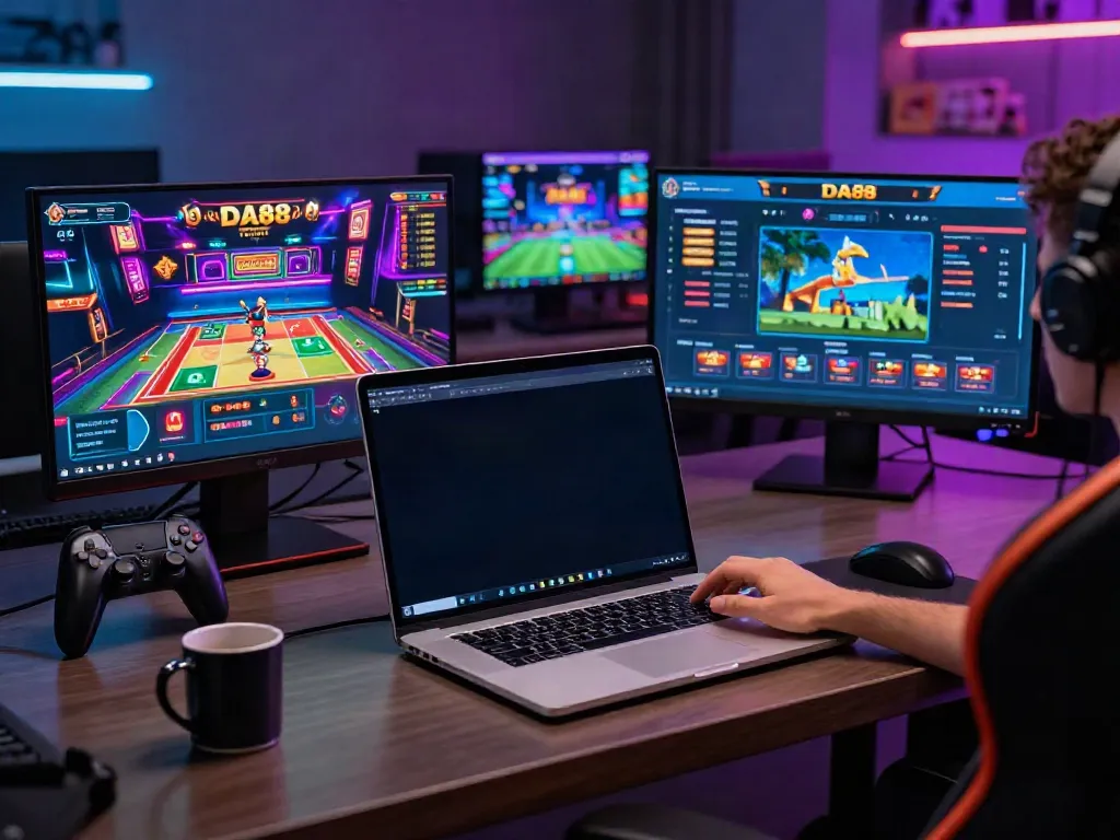 User engaging with DA88 online gaming platform, surrounded by colorful casino games and sports betting visuals.