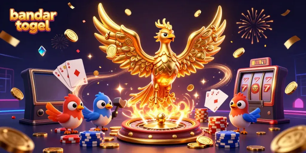 Visualisasi bandar togel dengan phoenix emas dan elemen kasino yang menarik
