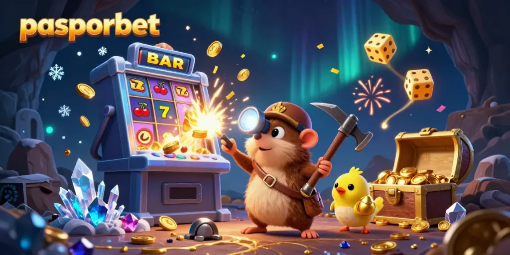Pasporbet menghadirkan ilustrasi 3D mole penambang dengan peti harta karun dan slot mesin yang meledak.