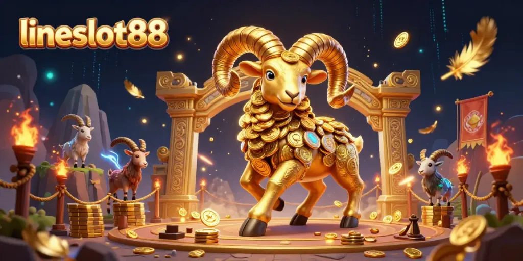 Engage in thrilling gameplay with lineslot88, showcasing a golden ram charging through a spectacular casino scene.