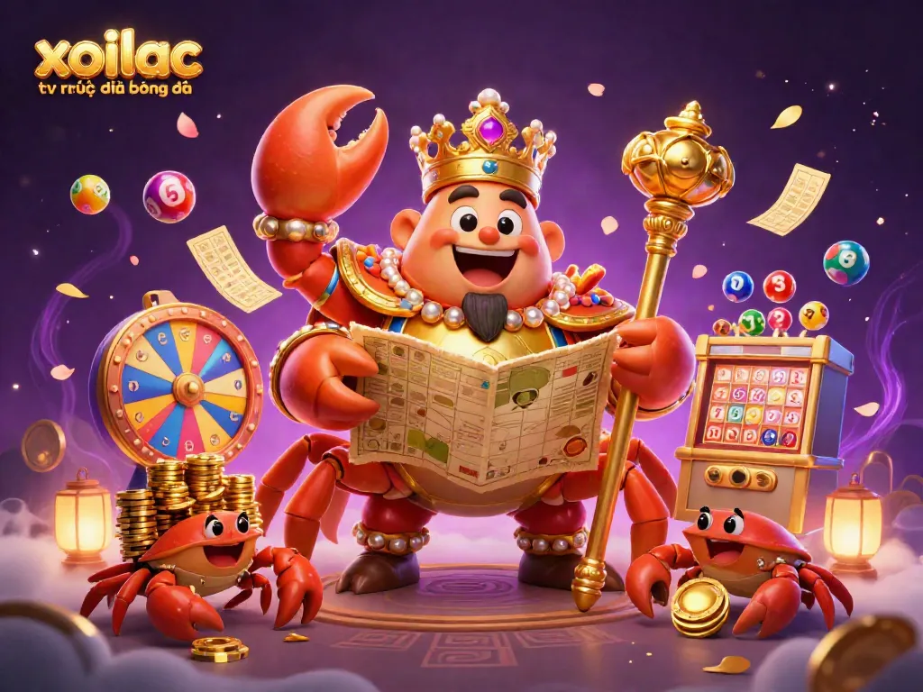 Xoilac tv trực tiếp bóng đá showcases a vibrant scene of animated casino elements and a golden crab emperor.