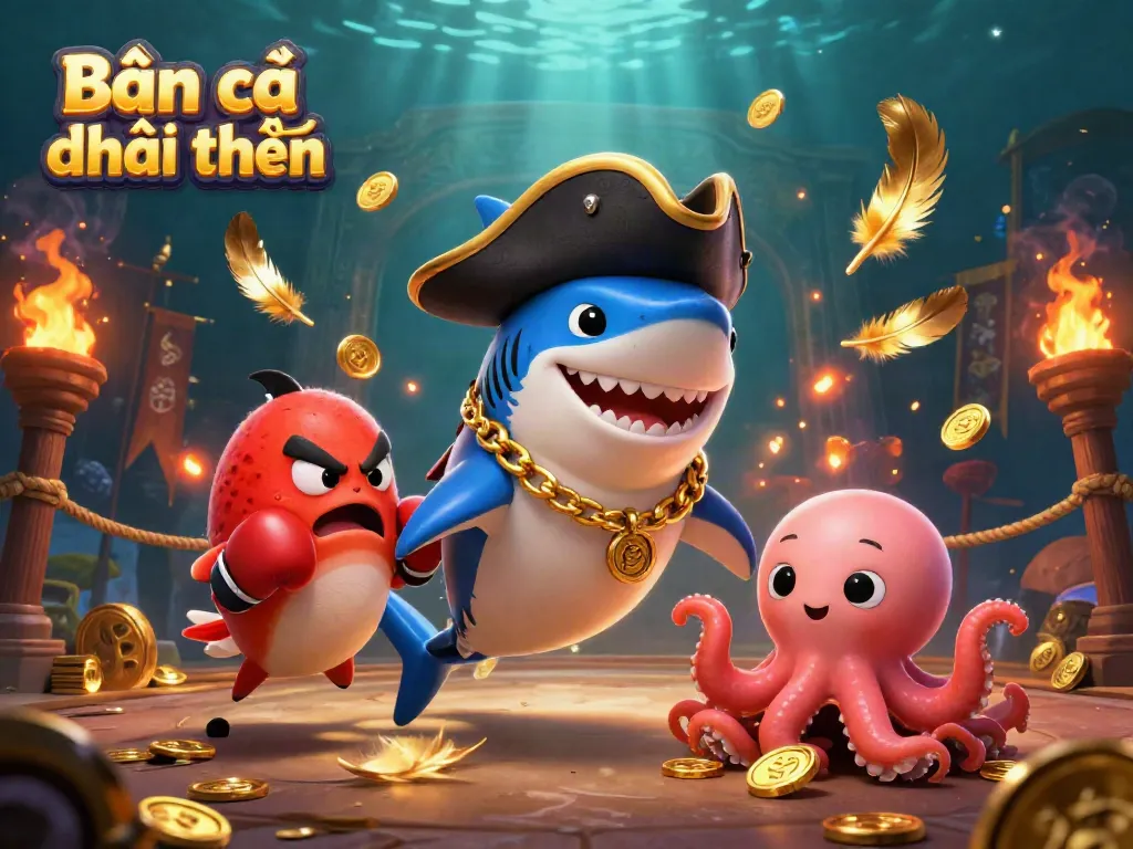 Engage in Bắn cá đổi thưởng adventures with animated characters in a vibrant underwater scene.