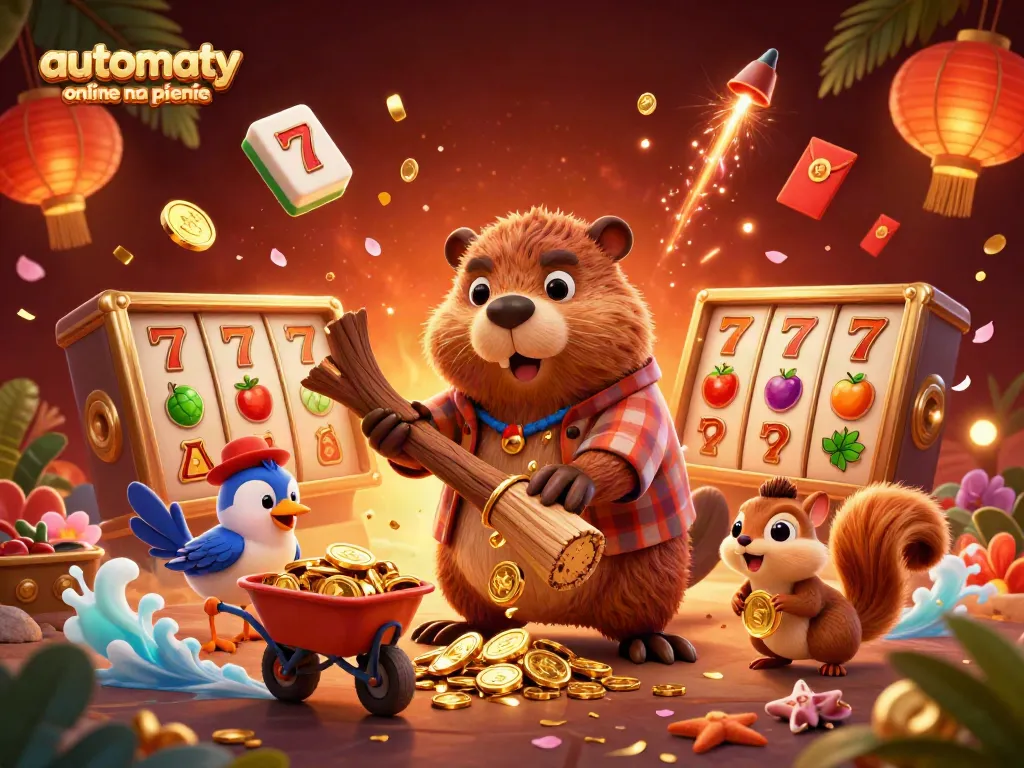 Play automaty online na pieniądze with a fun scene of a cartoon lumberjack beaver collecting gold coins.