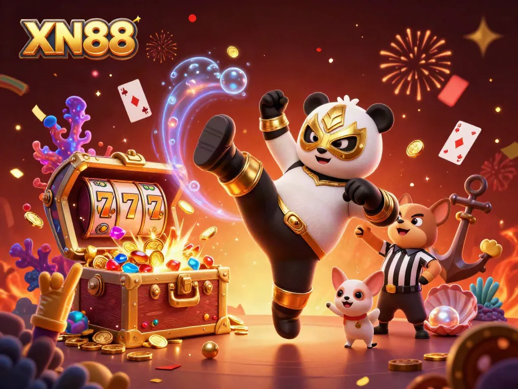 Experience excitement with the XN88 casino, featuring a panda wrestler and fun slot elements.