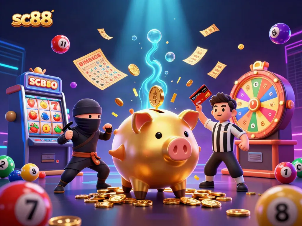 Experience the thrill of sc88 with a dynamic casino scene featuring vibrant characters and game elements.