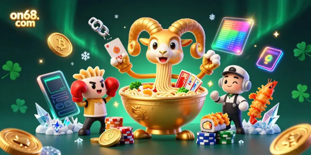 Experience the fun at on68. com with a lively illustration of gambling characters and crypto elements.