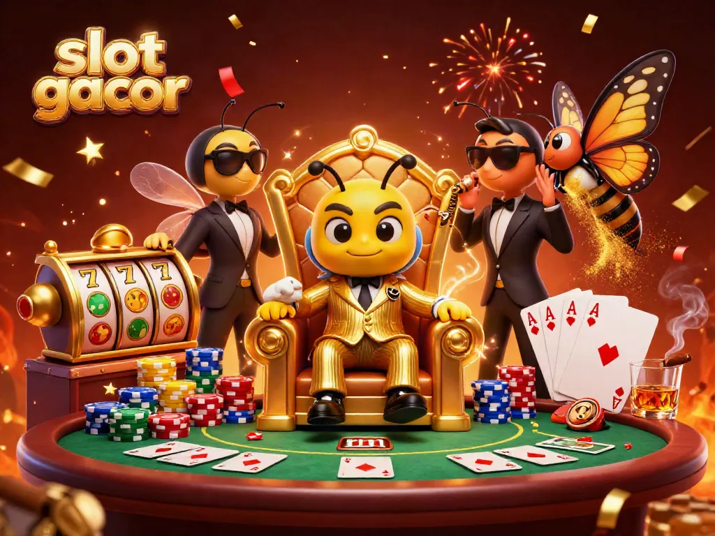Ilustrasi 3D yang menampilkan slot gacor dengan karakter unik dan elemen kasino yang dinamis.