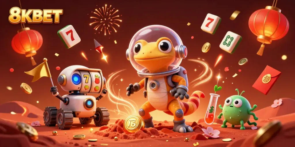 Celebrate wins at 8KBET with a vibrant Martian casino scene filled with energy and color.