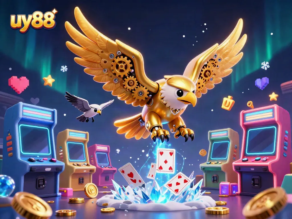 Engage in thrilling gameplay at uy88 with a vibrant 3D casino scene depicting a golden eagle and arcade machines.